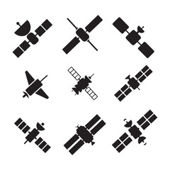 Obraz premium A set of diverse satellite icons showcasing different designs and configurations, perfect for representing space technology and communication systems in a clean, isolated format.