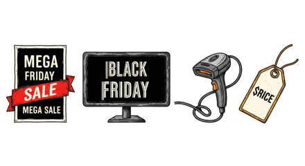 Black Friday Mega Sale Signage and Barcode Scanner with Price Tag.