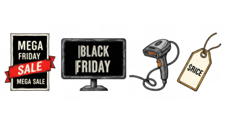 Black Friday Mega Sale Signage and Barcode Scanner with Price Tag.