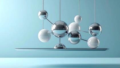 Abstract Molecular Structure with Chrome and White Spheres.