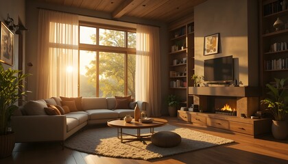 Fototapeta premium sunlight, home, warm, interior, glow, golden hour, cinematic, cozy, modern, living room, soft, peaceful, design, wood, minimal