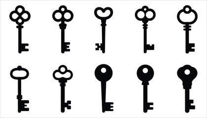 Collection of ten black silhouette antique keys on white background Keywords: key, antique, vintage