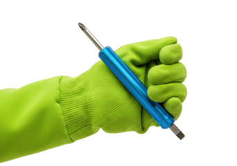 Isolated hand with bright green glove holding blue handled screwdriver at an angle