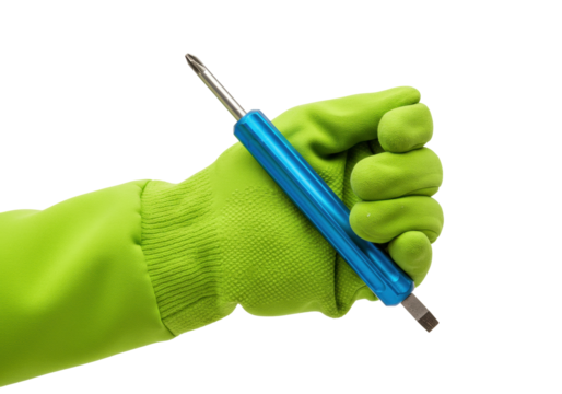 Isolated hand with bright green glove holding blue handled screwdriver at an angle