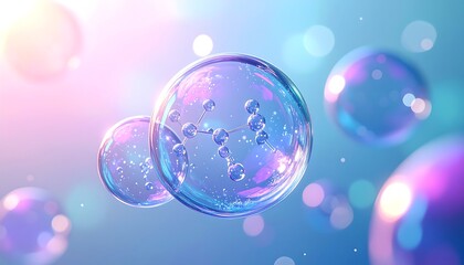 Abstract transparent spheres with internal bubbles on a soft bokeh background.