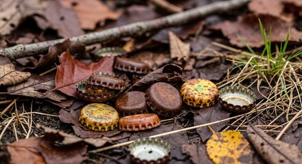 Rusty bottle caps in forest, ecology pollution problem