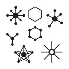 A diverse set of black and white geometric and molecular diagrams, including hexagons, stars, and radial patterns, presented clearly against a plain white backdrop for easy integration.