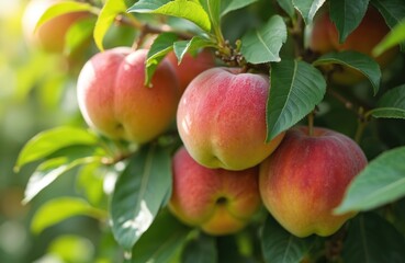Obraz premium Ripe red and yellow peaches hang on a tree branch with green leaves. Fresh fruit ripens in the summer sun. Juicy stone fruit grows in an orchard.