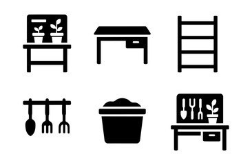 Minimalist black desk, ladder, and gardening tools icons set