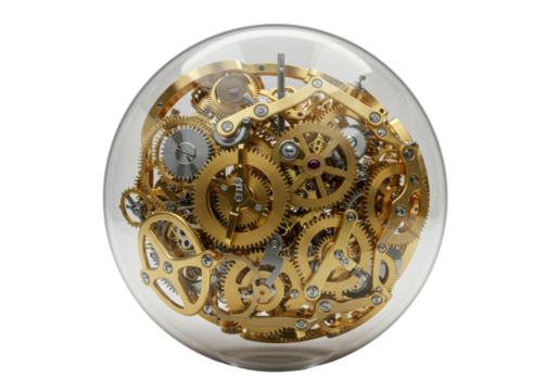 Isolated Clockwork Mechanism inside Transparent Sphere Precision Assembly Timepiece Design