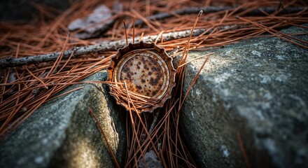 Rusty bottle cap in forest, ecology pollution symbol