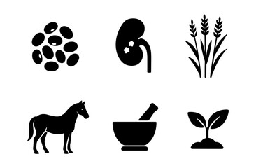 Silhouette icons: nature, agriculture, and healthcare essentials in black