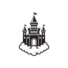 Obraz premium A striking black silhouette of a majestic castle, complete with towers and flags, rests serenely upon a bed of fluffy clouds. Isolated on a pristine white background, this image evokes fantasy and dre