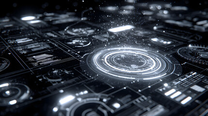 Futuristic digital interface with glowing concentric circles and intricate circuitry