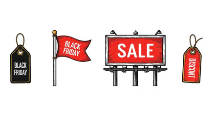 Black Friday and Sale themed tags flag and billboard for shopping events.