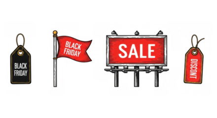 Black Friday and Sale themed tags flag and billboard for shopping events.