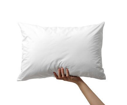 Hand holding white pillow on white background