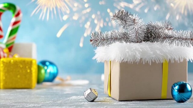 Festive Gift Box: A beautifully wrapped gift box, adorned with festive decorations, sits amidst a scattering of colorful ornaments and a candy cane, against a backdrop of sparkling lights.