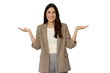 Businesswoman presenting choice with open hands, comparing two options, smiling at camera with transparent background