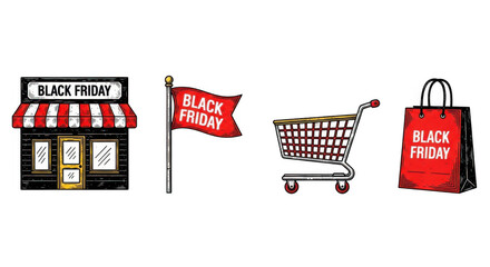 Black Friday shopping spree with store flag shopping cart and bag.