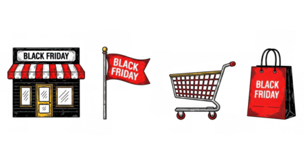 Black Friday shopping spree with store flag shopping cart and bag.