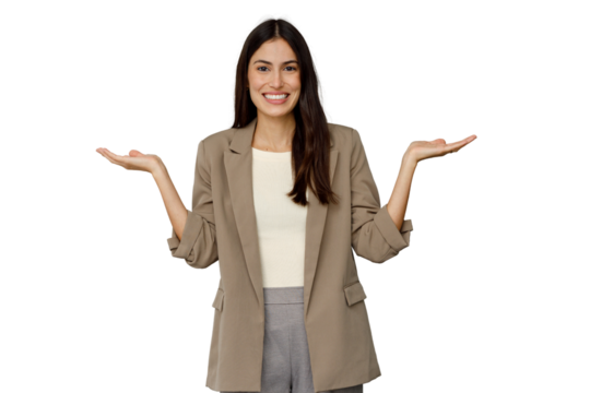 Businesswoman presenting choice with open hands, comparing two options, smiling at camera with transparent background