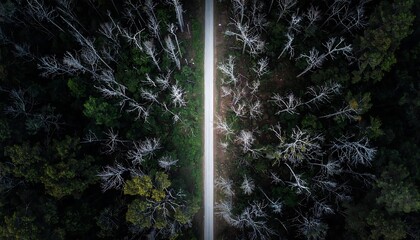 Aerial View of a Forest Road at Dusk.