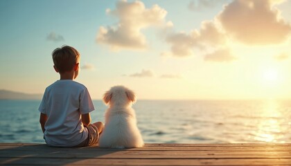 Fototapeta premium Young boy sits peacefully on wooden dock gazing at expansive ocean panorama. Small fluffy dog rests beside enjoying sunset view. Scene evokes tranquility, friendship with soft golden light