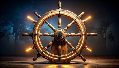 Ancient Wooden Ships Wheel with Glowing Accents.