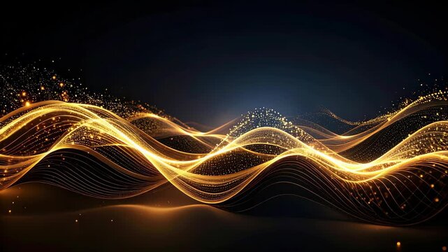 Elegant golden wave lines with sparkling dust particles floating against dark backdrop create a modern abstract design.