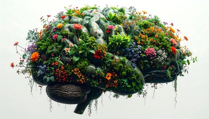 Brain Covered in Flowers and Plants.