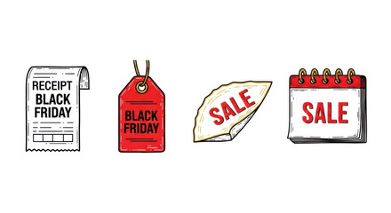 Black Friday Sale Icons: Receipt Price Tag and Calendar.