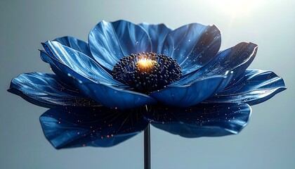 Captivating Blue Flower with Golden Center on Reflective Surface.