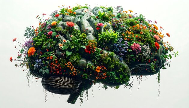 Brain Covered in Flowers and Plants.