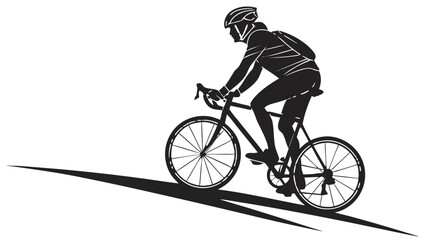 Obraz premium Silhouette of cyclist with helmet and backpack riding a bicycle on a downward slope in black and white created with generated ai