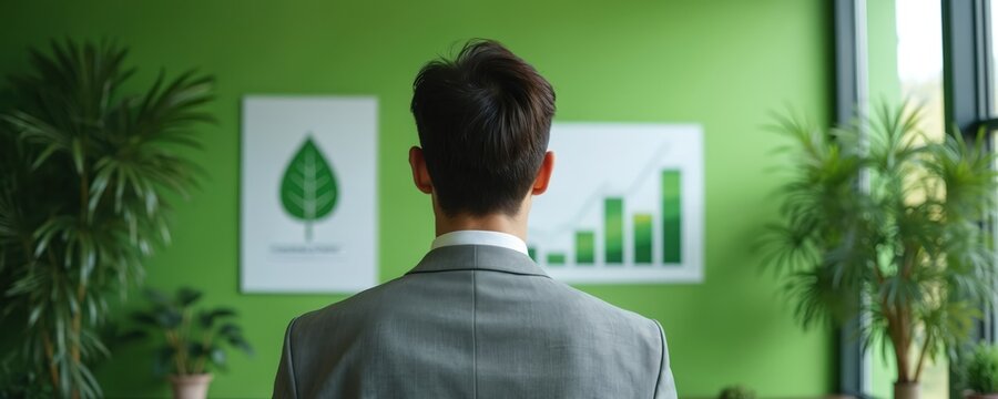 Man in grey suit stands in green office looking at charts on wall. Shows graph with rising bars and a leaf logo. Represents eco business growth and carbon credits.