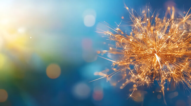A vibrant sparkler emitting bright, shimmering sparks against a blurred blue background, ideal for celebrations and joyful occasions.