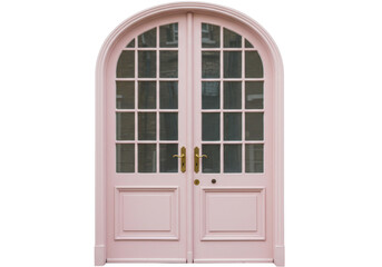 Isolated pink antique door with glass panels, charming arched double entryway feature
