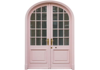 Isolated pink antique door with glass panels, charming arched double entryway feature