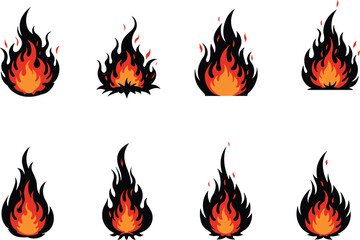 Flame icon set, burning fire illustration, stylized flame graphics, red orange black fire, vector fire symbols, heat energy design