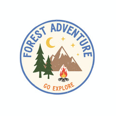 Forest Adventure Logo. Outdoor Camping Emblem Design. Retro Campfire and Pine Tree. Vintage Nature Badge Graphic. Hiking and Exploring Symbol.