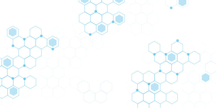 Abstract white background with blue hexagons seamless pattern and geometric in vector design. Futuristic blue neon honeycombs. Modern technology design .Minimal style website banner, decoration .