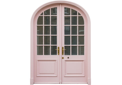 Isolated pink antique door with glass panels, charming arched double entryway feature