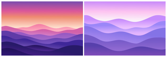 Abstract gradient landscape vector set with soft layered hills in purple, pink, and violet tones, evoking a peaceful dawn or dusk mood for use in backgrounds, wallpapers, posters, and modern designs