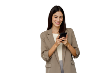 Professional businesswoman smiling and typing on mobile phone, receiving good news or positive text message