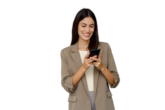 Professional businesswoman smiling and typing on mobile phone, receiving good news or positive text message