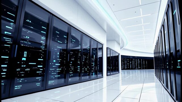 A futuristic data center featuring multiple server racks and vibrant LED lights