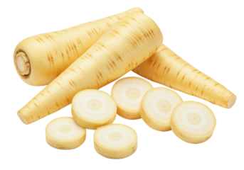 Isolated root vegetables, parsnips cut into slices, light color and visible texture detail