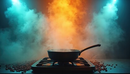 Steaming pan on stove with colorful smoke backdrop. Food preparation, kitchen scene, artistic photo of cooking process. Culinary arts, restaurant advertisement concept. Coffee beans on table. Focus