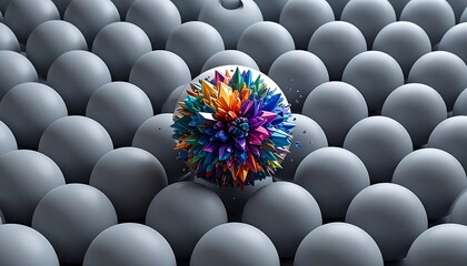 Colorful Unique Object Standing Out Among Gray Spheres.